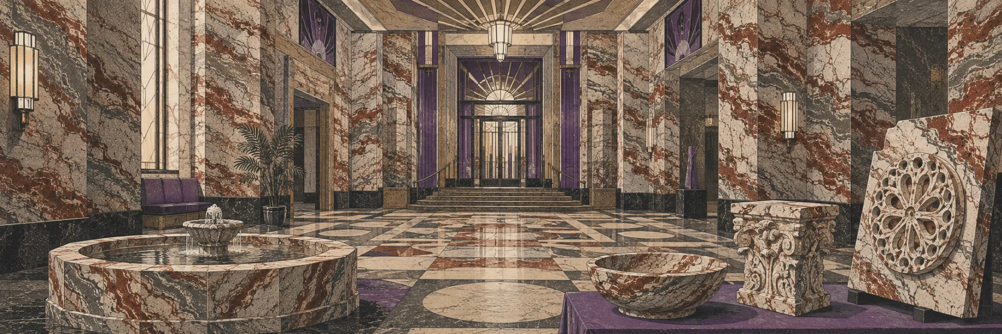 Illustration einer Art-déco-Halle: Wände, Säulen und Boden aus poliertem Lahnmarmor, im Vordergrund ein Brunnenbecken, eine Schale und ein Zierrelief aus demselben Stein.
