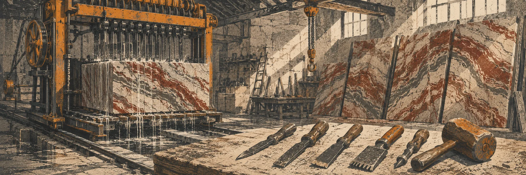 Illustration einer Steinwerkstatt: Ein Gatter sägt unter fließendem Wasser einen Block in Platten, rechts lehnen polierte Platten mit roter Äderung, im Vordergrund Steinmetzwerkzeuge.